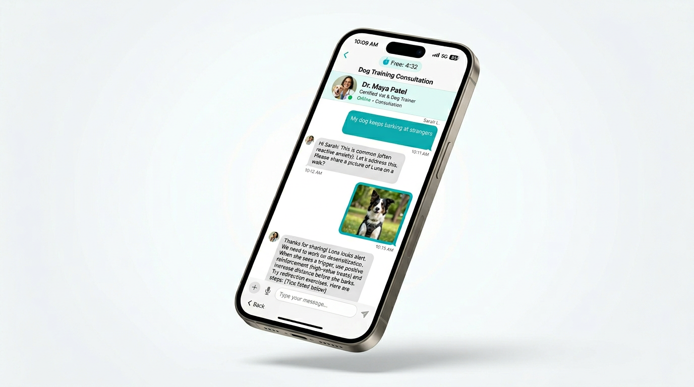 Ninio app vet consultation chat with Dr. Maya Patel