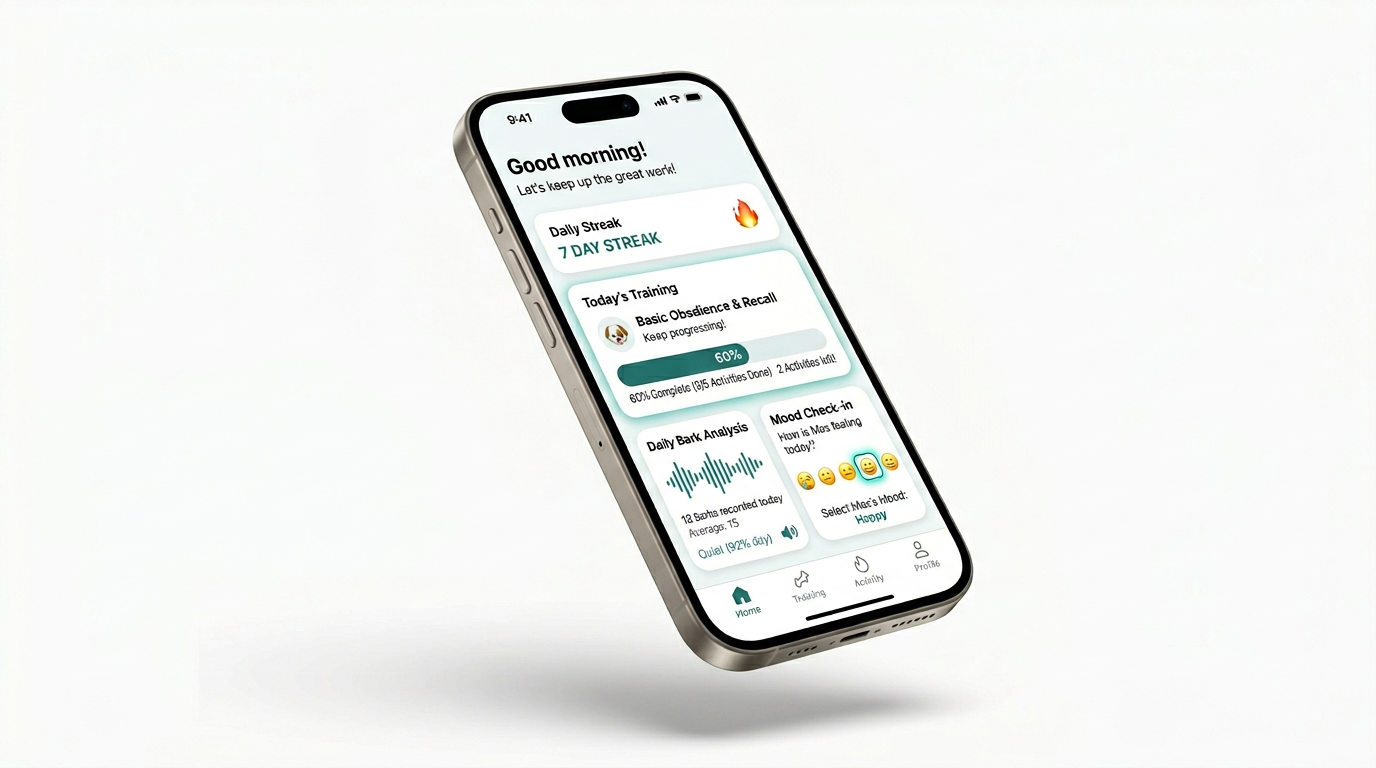 Ninio app dashboard showing daily training, bark analysis, and mood check-in